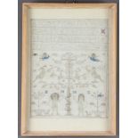 Sampler, alphabet and numbers above a tree with angels, a lady and gentleman and vases of flowers,