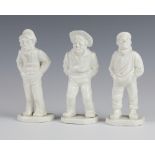 Three Victorian Worcester blanc de chine figures of standing men raised on shaped bases, impressed
