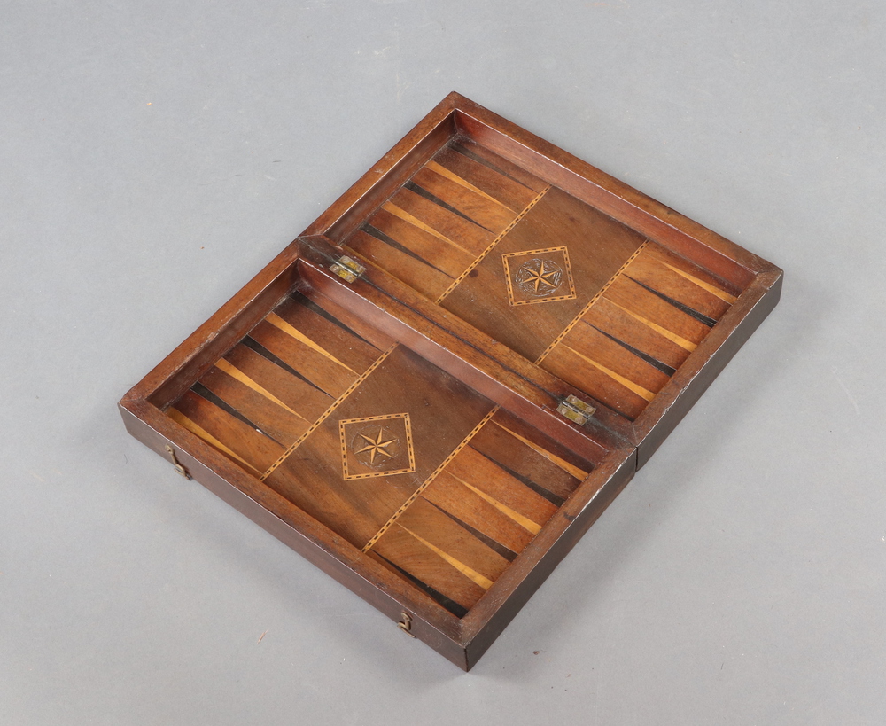 A Victorian inlaid mahogany folding backgammon board 9cm x 38cm x 23cm