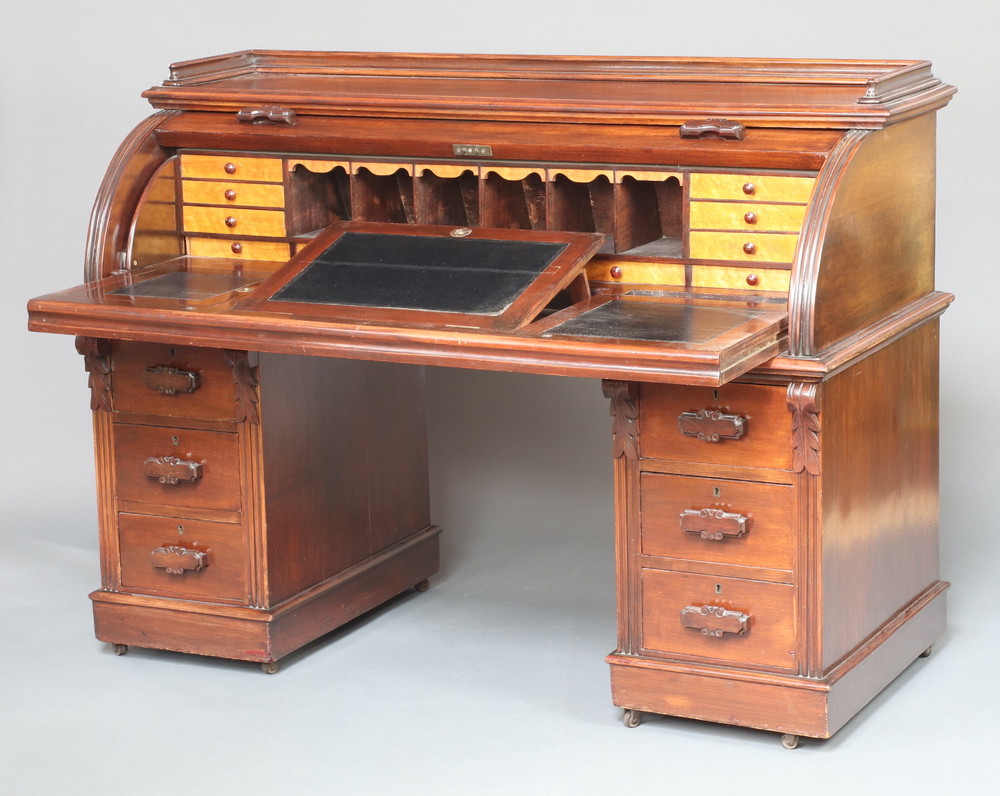 A Victorian mahogany cylinder desk with 3/4 gallery, the interior fitted pigeon holes and drawers, - Image 2 of 2