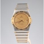 A gentleman's steel and gilt Omega constellation calendar wristwatch, 30mm case, with bi-metallic