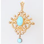 An Edwardian yellow metal turquoise and seed pearl brooch/pendant 5cm x 3.5cm