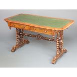 A Victorian mahogany library table with green tooled writing surface above 2 long drawers, raised on
