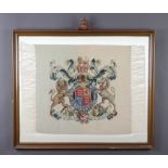 A framed embroidery of a coat of arms - George VI Coronation, framed 52cm x 60cm
