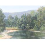Edna Hely, oil on board, riverscape, inscribed on verso At Paynes Crossing 45cm x 60cm