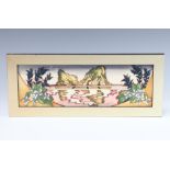 A modern Moorcroft panel decorated the Farewell Beach pattern, dated 2012, 32cm framed