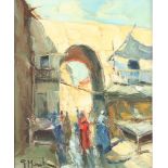 20th Century oil on canvas indistinctly signed Moroccan market place with figures 25cm x 20cm