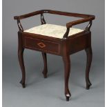 An Edwardian inlaid mahogany box seat piano stool with hinged lid, raised on cabriole supports