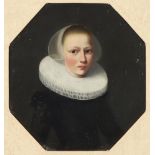 A 17th Century oil on board unsigned, portrait of a lady with wide ruff collar, mounted as an