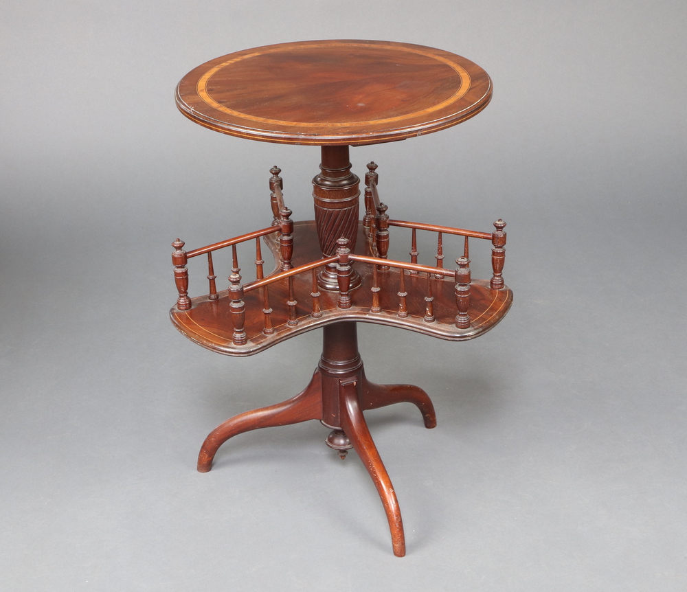 A 19th Century inlaid mahogany sewing table with rotating platform to column, raised on a pillar and