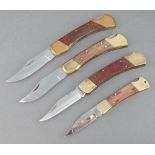 Four Chinese folding knives with hardwood and brass grips