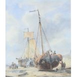 Edwardian watercolour unsigned, fishing vessels and figures 40cm x 33cm