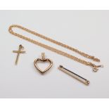 A 9ct yellow gold necklace 46cm, a ditto heart pendant, cross pendant and bar brooch 7.2 grams
