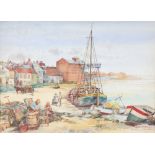 P C H Bacon November 1933, watercolour signed, coastal town with figures and boats 25.5cm x 35.5cm