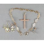 A 9ct yellow gold cross pendant and a ditto bracelet 18cm, 3 yellow metal earrings, 2.7 grams