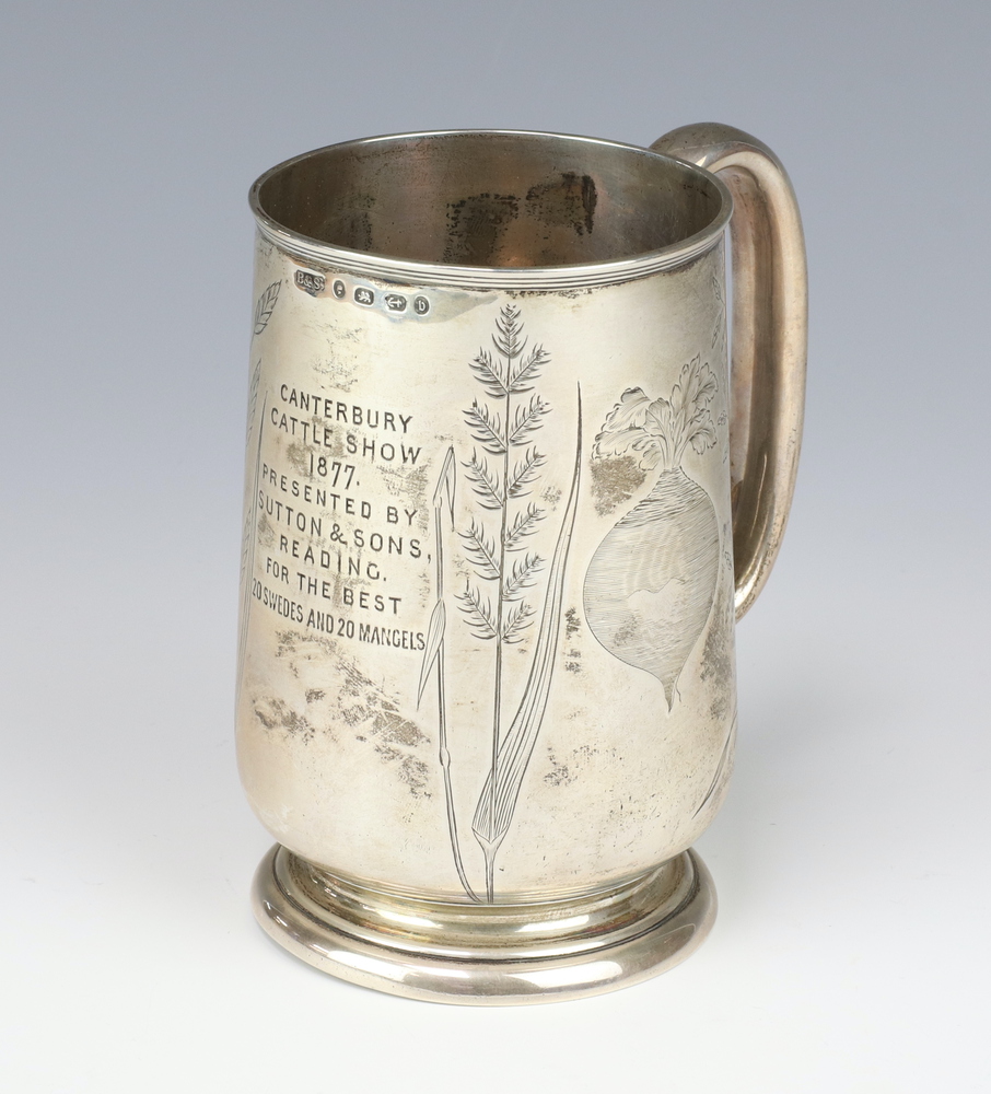 A Victorian silver mug engraved with a carrot and radish and inscription For The Canterbury Cattle