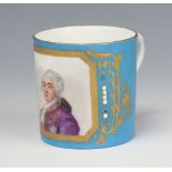 A 19th Century Sevres cabinet cup, the turquoise ground with a panel of a gentleman, printed marks