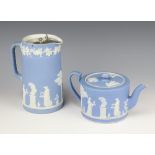 A 19th Century Wedgwood pale blue jasper teapot decorated with classical figures, ditto jug with