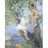 Kesina Uspenskaya, oil on canvas signed and dated '89, study of 2 children sitting in a tree