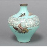 A turquoise ground cloisonne enamelled vase decorated butterflies, chips to base 10cm x 6cm