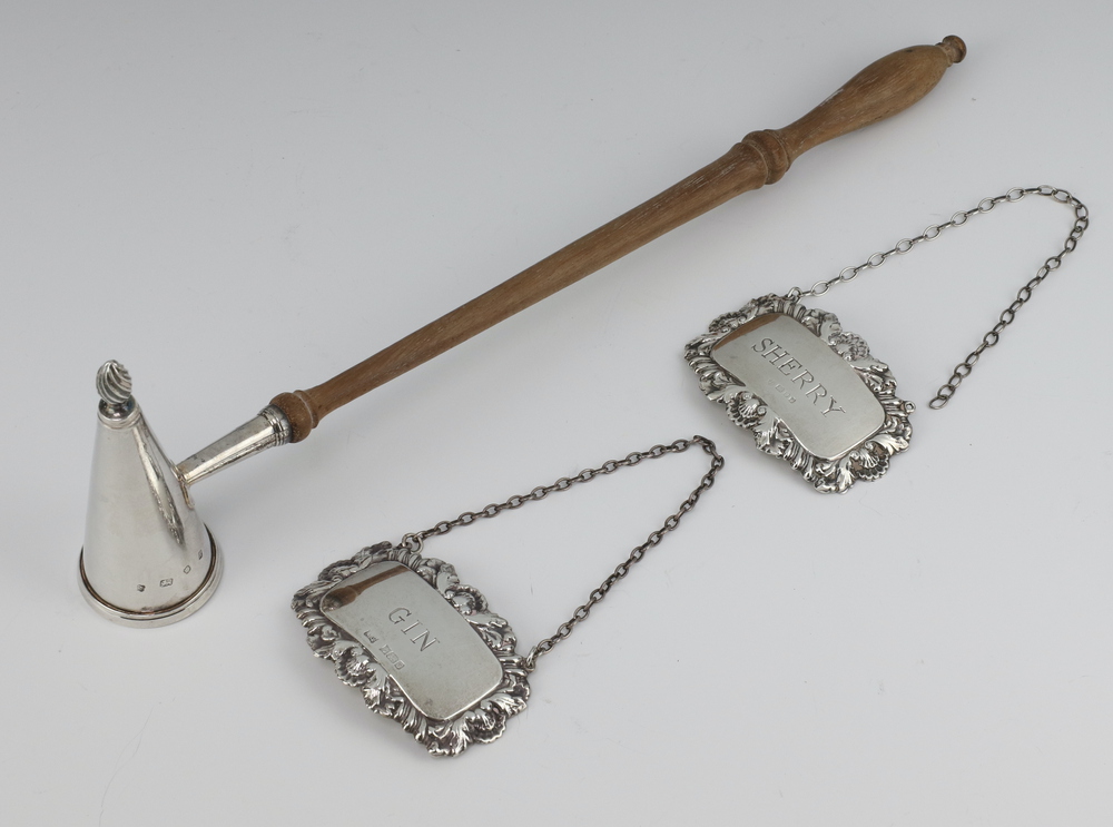 A Georgian design silver candle snuffer with turned fruitwood handle London 1991, 2 spirit labels