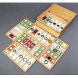 36 various Victorian microscope slides contained in a pine box with hinged lid 4cm x 20cm x 10cm