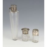 A silver mounted tapered clear glass scent bottle Birmingham 1924, 2 lidded jars