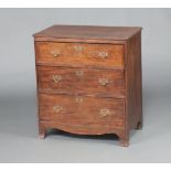 A 19th Century mahogany chest of 3 drawers with brass ring drop handles, raised on bracket feet 72cm