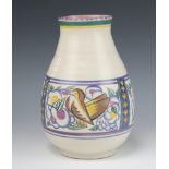 A Poole Carter Stabler baluster vase decorated with a band of stylised birds and flowers,