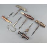 Three 19th Century wooden handled corkscrews, a steel corkscrew, 2 corkscrews with horn handles