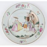 A rare Famille Rose Chinese export plate depicting enamelled central scene of "Les Oies De Fere