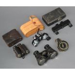 A pair of Carl Zeiss folding binoculars in leather case, a pair of Glory 6x15 folding binoculars