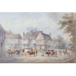Henry Earp Senior, watercolour signed, village square with livestock, figures and houses, 52cm x