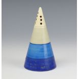 A Clarice Cliff Bizarre conical sugar shaker with blue, dark blue and beige banding, printed mark,