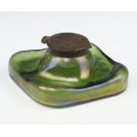 An Art Nouveau Loetz style square inkwell with plated mounts 12cm