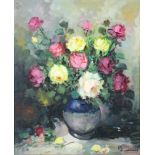 P H Jansen, oil on canvas signed, vase of roses 59cm x 49cm