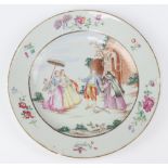 A rare Famille Rose Chinese export plate depicting enamelled central scene of "Les Oies De Fere