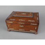 A Victorian rosewood and inlaid mother of pearl trinket box of sarcophagus form, raised on bun