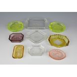 Eight Baccarat coloured glass pin trays - 2 oval green depicting a girl blowing bubbles and Dutch