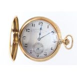 An 18ct yellow gold half hunter pocket watch with seconds at 6 o'clock, the dial partly inscribed