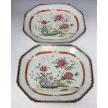 A pair of large Chinese export famille rose oblong octagonal meat platters, Qing dynasty, Qianlong