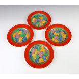 Four Clarice Cliff Bizarre pattern tea plates 18cm Three are cracked, all have contact marks to