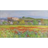 G Bottoni, Continental impressionist oil on board signed, meadow scene with buildings and sea in