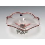 A White CrIstal Italian (Naples) pink glass pedestal bowl raised on a shaped plated base decorated