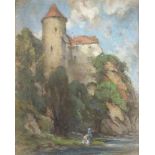 19th Century watercolour, indistinctly signed, Continental scene with castle and figure by a stream