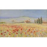 G Bottoni, oil on board, study of a field of poppies with building, reverse marked Toscana B.H, 29cm