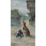 **Robert William Bates, watercolour "Feelings" study of 2 dogs crying at the moon, signed and titled