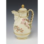A Victorian Royal Worcester blush ivory and floral patterned ewer and lid with mask spout base