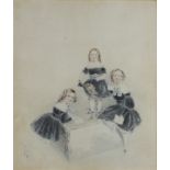 A Victorian gouache, study of 2 young girls 36cm x 31cm, contained in maple frames, Army and Navy