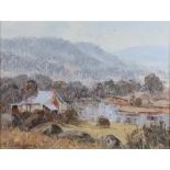 John Colin Angus (1907-2002, Australian), oil on board, cottage by lake signed and dated'79, 29cm